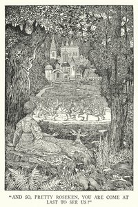"E então, linda Roseken, vieste finalmente para nos ver?" (litho) de Louis John Rhead