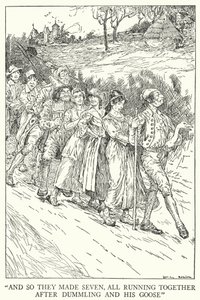"E assim eles fizeram sete, todos correndo juntos depois de Dummling e seu ganso" (litho) de Louis John Rhead