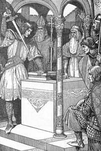 Arthur tirou a espada Excalibur de uma bigorna Ilustração de Louis Rhead (1858-1926) de "rei Arthur e os seus cavaleiros" 1923 Colecção privada