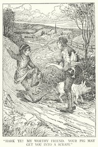 "Ouçam! Meu digno amigo, o teu porco pode levar-te a um raspão" (litho) de Louis John Rhead