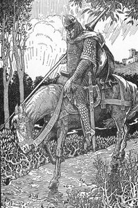 Mordred (Modred) feridas após a batalha de Camlann contra o seu pai Rei Artur (Mordred ferido após a batalha de Camlann) Ilustração de Louis Rhead (1858-1926) de "King Arthur and his knights" 1923 Colecção privada