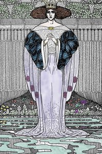 Representação da Senhora do Lago (Nimue, Viviane) Ilustração de Louis Rhead (1858-1926) para "O Rei Artur e os seus cavaleiros" de Louis John Rhead