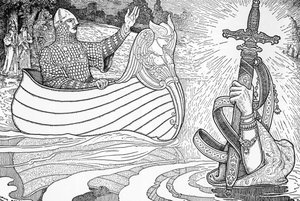 Representação da Senhora do Lago (fee viviane), personagem das lendas arturianas, dando ao Rei Artur a epee Excalibur (lenda arturiana): Lady of the Lake (Nimue, Viviane), dando ao Rei Artur a sua espada Excalibur) Ilustração de Louis Rhead (1858-1