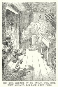 O urso sorriu para o seu inimigo, que, um pouco alarmado, correu alguns passos atrás (litho) de Louis John Rhead