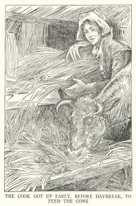 O cozinheiro levantou-se cedo, antes do amanhecer, para alimentar as vacas (litho) de Louis John Rhead