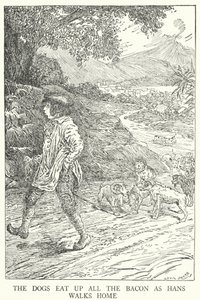 Os cães comem todo o bacon enquanto Hans caminha para casa (litho) de Louis John Rhead