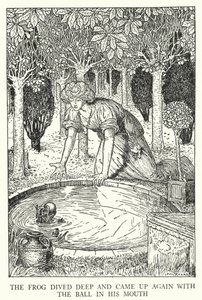 O sapo mergulhou fundo e voltou a subir com a bola na boca (litho) de Louis John Rhead