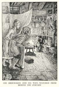 O sapateiro e sua esposa assistiram por trás da cortina (litho) de Louis John Rhead
