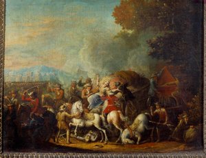O ataque a uma carroça por bandidos Pintura de Louis Joseph Watteau dit Watteau de Lille (1731-1798) Reims do século XVIII, Musee des Beaux Arts