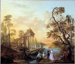 Tributo ao Amor Cena Romântica em uma paisagem de antigas ruínas ao entardecer. Pintura de Louis Joseph Watteau dit Watteau de Lille (1731-1798)