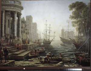 Porto marítimo com embarque de Santa Úrsula (óleo sobre tela