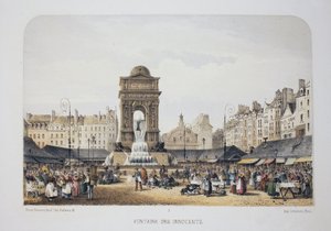 Fonte dos Inocentes (Fonte das Ninfas), Paris. Litografia aquarela, ilustração de Arnout, em "Album, souvenirs de Paris", Daziaro editor, Paris de Louis Jules Arnout