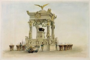 O caixão de Napoleão I Bonaparte (1769-1821) na Igreja de Les Invalides (Paris, França). (Caixão de Napoleão na Igreja dos Inválidos). Trabalho de Louis Jules Arnout (1814-1868), litografia e aguarela. Arte francesa do século XIX, classicismo.