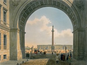 Praça do palácio, vista do arco do quartel do exército, São Petersburgo, impresso por Lemercier, Paris, de 1840 (cor litho)