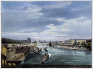 Ponte carrossel e barco a vapor - em "Paris em 1837" por Arnout de Louis Jules Arnout
