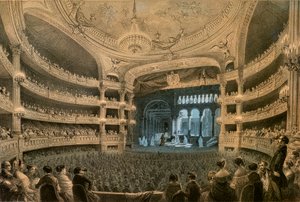A Academia Imperial de Música, teatro da Ópera, durante uma apresentação de "Robert le Diable" (1831). Litografia a cores.