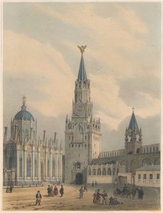 Os portões do Salvador da Torre Spasskaya e o convento da Igreja de Ascensão de Santa Catarina no Kr de Moscou de Louis Jules Arnout