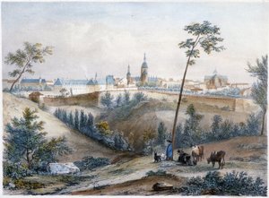 Bouvier no campo bretão (Dinan ao longe) - litografia de Jacottet e Benoist de Louis Julien Jacottet