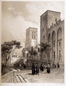 Palácio dos Papas em Avignon, e os caminhantes de Avignon no século XIX.