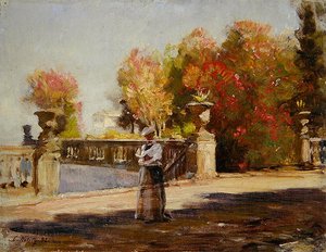 A Lady Reading on a Sunny Terrace (óleo sobre tela) de Louis Kolitz