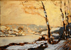 O Vale Fulda, perto de Kassel, com neve (óleo sobre papelão)