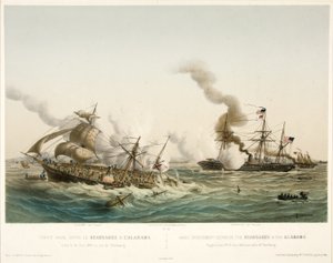 Combate Naval entre o Kearsage & l Alabama, pub. 1864 (litografia a cores) de Louis Le Breton