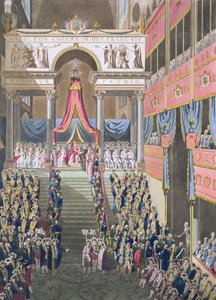 Festival sagrado e coroação de suas majestades imperiais, o imperador declara o juramento de constituição na catedral de Notre Dame, publicado em 1806 (gravura colorida à mão)