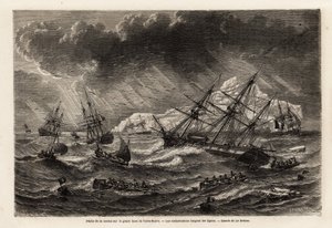A pesca do bacalhau no Grand Bank of Newfoundland, os barcos seguem as linhas, desenhadas por Lebreton, para ilustrar a viagem à Terra Nova em 1860 por A. de Gobineau. Gravura em "Le tour du monde", editado por Edouard Charton