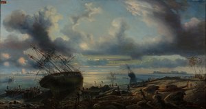 O Encalhe das Corvetas no Canal Mauvais, Estreito de Torres 1843 (óleo sobre tela) de Louis Lebreton