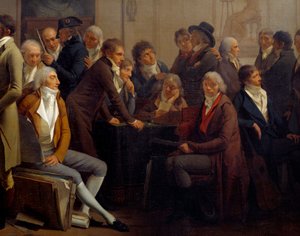 Artistas reunidos na oficina do pintor Jean Baptiste Isabey (1767-1855): Anne Louis Girodet de Roucy-Trioson (Anne-Louis Girodet de Roucy Trioson) de Louis Leopold Boilly