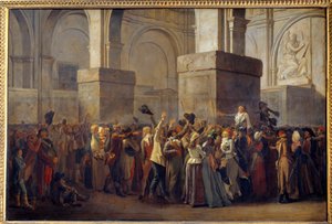 Revolução Francesa; "Triunfo de Marat" O deputado Jean Paul Marat (1743-1793) foi triunfado pelo povo após sua absolvição pelo Tribunal Revolucionário em 1793. Pintura em papel maroufle de Louis Leopold Boilly (1761-1845) Sol do século XVIII. 0,8x1,2 de Louis Leopold Boilly