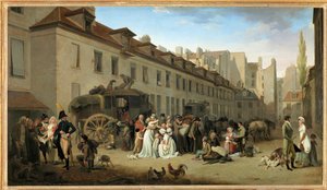 A chegada de um autocarro ao pátio das Messageries, na rua Notre-Dame-des-Victoires, em Paris ... de Louis Leopold Boilly