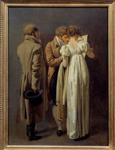 Amantes da impressão Os jovens vetus à moda do Primeiro Império contemplam uma impressão. Pintura de Louis Leopold Boilly (1761-1845) 1810. Sol 0,32x0,24 m de Louis Leopold Boilly