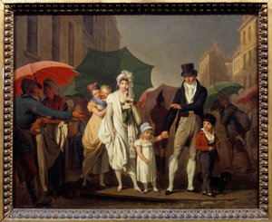 Os chuveiros burgueses no Parisian Premier Empire moda se protegendo da chuva. Pintura de Louis leopold Boilly (1761-1845) Sol do século XIX. 0,32x0,4 m - O aguaceiro. Burgueses parisienses vestidos na moda do Primeiro Império protegendo-se da chuva. de Louis Leopold Boilly