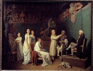 A oficina do escultor Jean Baptiste Houdon (1741-1828). O modelo do escultor foi o matemático Pierre-Simon Laplace (1749-1827) Marquês de Laplace, na presença de sua esposa e filhas. Pintura de Louis Leopold Boilly (1761-1845) 1804 Paris, De de Louis Leopold Boilly
