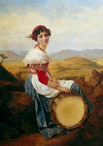 Retrato de um camponês da zona rural de Roma Um jovem músico italiano segurando um pandeiro. Pintura de Louis Leopold Robert (1794-1835) 1824 Dim. 0,46 x 0,37m.