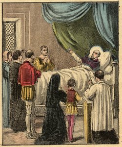 Morte de São Francisco de Sales - Morte de São Francisco de Sales (São Francisco de Sales) (1567-1622) - Gravura de “” Ensino religioso pelos olhos. Wonderful Album” de Louis Maitrejean e Georget Ramond - França 1910