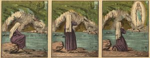 A Aparição da Virgem Maria em Lourdes - A Virgem aparece a Bernadette Soubirous (1844-1879) em Lourdes em 1858 - - Gravura de “” Ensino religioso pelos olhos. Wonderful Album” de Louis Maitrejean e Georget Ramond - França 1910