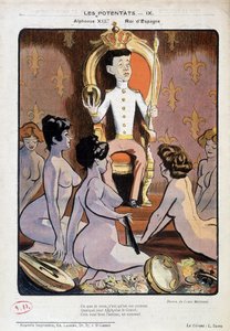 Retrato de Alfonso XIII, Rei de Espanha, no seu trono e rodeado de mulheres nuas - desenho de Louis Malteste, em "La Vie en Rose" 21/9/1902.