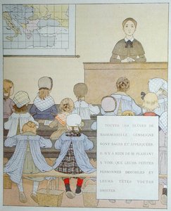 Os alunos de Mademoiselle Genseigne, ilustração de Nos Enfants, de Anatole France (1844-1924).