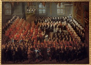 Cama de Justiça realizada por Luís XV (1710-1774) na Grande Câmara do Parlamento de Paris para quebrar a vontade de Luís XIV (1638-1715) de Louis Michel Dumesnil