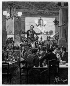 No meio, sobre uma mesa, o Desroches lidera o charivari. Cena em um café parisiense: as pessoas cantam, bebem, fumam, conversam e paqueram ao redor das mesas. Na colecção autobiográfica "Trento ans de Paris" de Alphonse Daudet (1840-1897). Gravura depois d