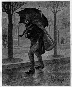 Má colheita! Pobre cigarra molhada! ... Tocador de tambor na miséria andando na chuva nas ruas de Paris. Na colecção autobiográfica "Trento ans de Paris" de Alphonse Daudet (1840-1897). Gravura depois das ilustrações de Montegut em "Le Monde illustriou