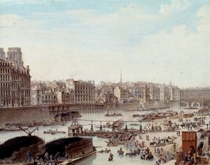 Vida marítima nas docas do porto de Paris em 1782 Peniches e actividades comerciais no Sena. Detalhe. Desenho de Louis de Lespinasse (1734-1808) 1782. Paris, Musee Carnavalet