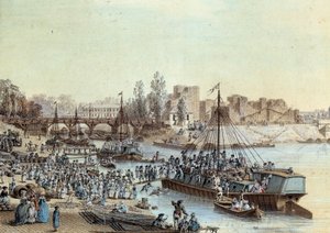 Navio de navegação carregou passageiros chegando ao cais. Desenho de Louis de Lespinasse (1734-1808) 1782. Paris, Musee Carnavalet