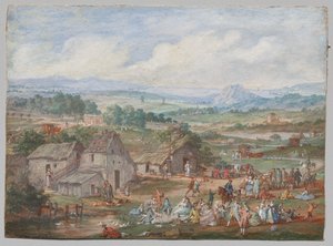 Uma festa fazendo piquenique perto de uma vila de Louis Nicolas van Blarenberghe