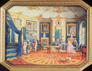 Tampa de uma caixa de rapé feita por Louis Roucel (d.1787) mostrando um quarto em seu mobiliário de inverno no Hotel de Choiseul, c.1770 (esmalte)