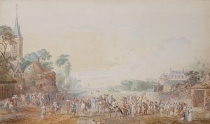 O duque de Penthievre com Benjamin Franklin à sua direita assistindo a uma revisão de seu regimento de voluntários ao lado de seu castelo em Rambouillet de Louis Nicolas van Blarenberghe