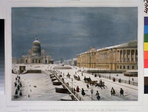 A catedral de São Isaac e a Praça do Senado em São Petersburgo. Desenho de Louis Pierre Alphonse Bichebois (Louis-Pierre-Alphonse) (1801-1850). Litografia colorida com aguarela, de Louis Philippe Alphonse Bichebois
