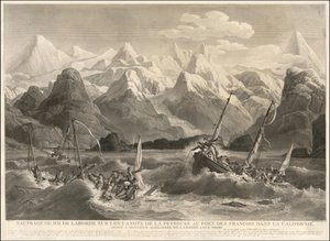 Gravura de 1786 de um naufrágio de dois pequenos barcos que faziam parte da Expedição La Perouse de Louis Philippe Crepin